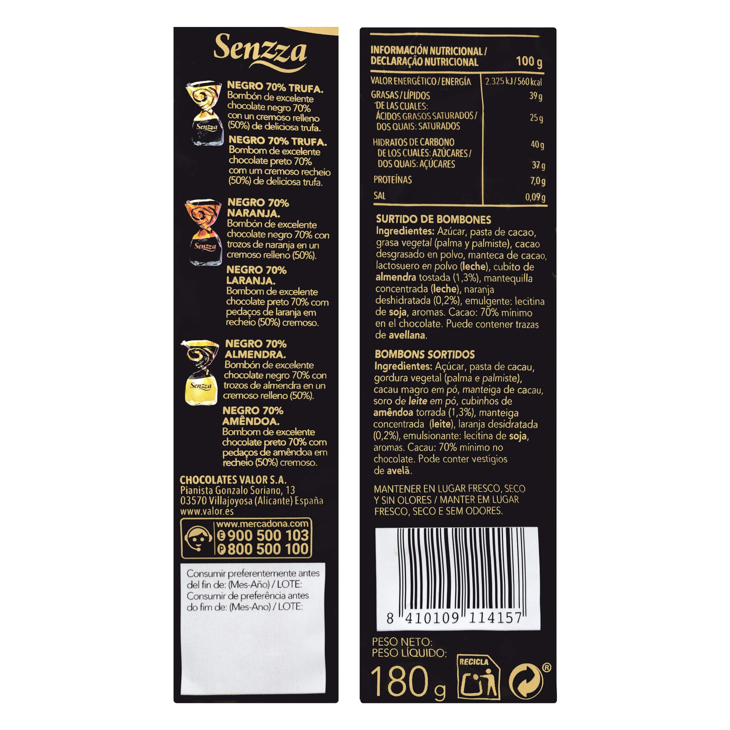 Etiqueta Surtido bombones Senzza de chocolate negro 70%
